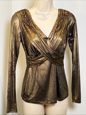 Gorgeous Vintage Cache Wrap-Front Metallic Gold Bronze Evening Top